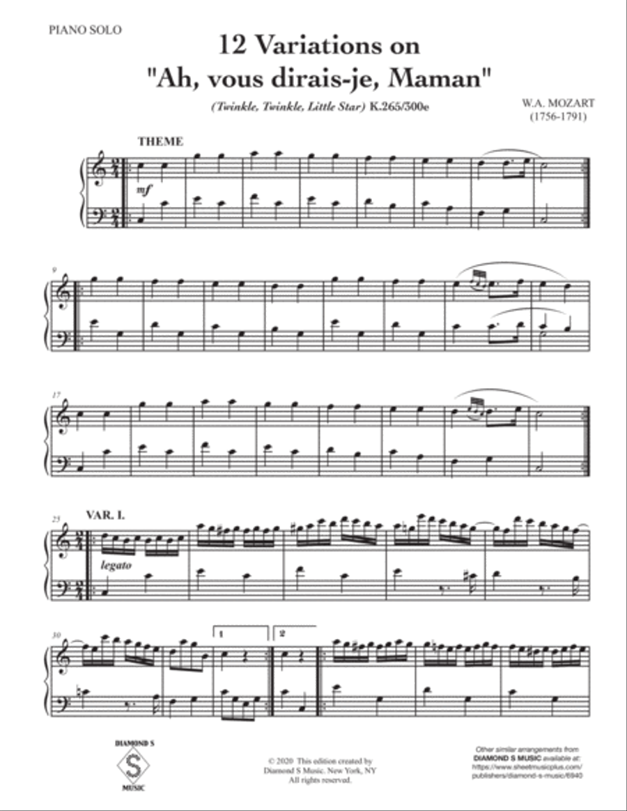Mozart twinkle twinkle little shop star 12 variations piano