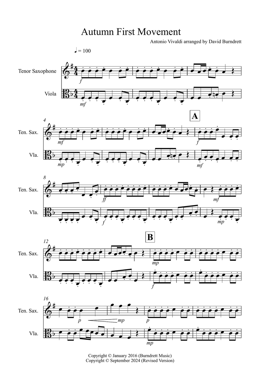 Book cover for Autumn "Four Seasons" for Tenor Saxophone and Viola Duet