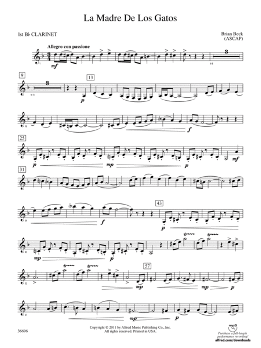 La Madre de los Gatos: 1st B-flat Clarinet Concert Band scores gallery preview page 1