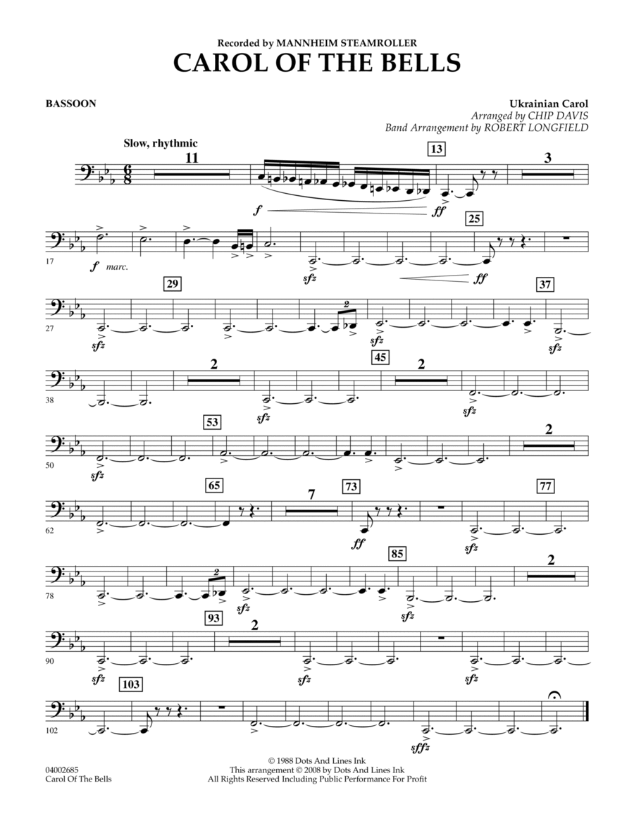 Carol Of The Bells - Bassoon Concert Band scores gallery preview page 1