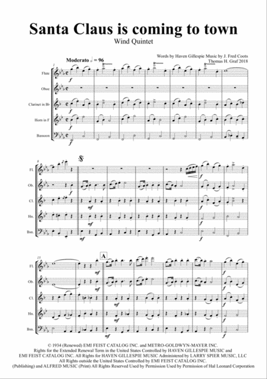 Santa Claus Is Comin' To Town Woodwind Quintet scores gallery preview page 1