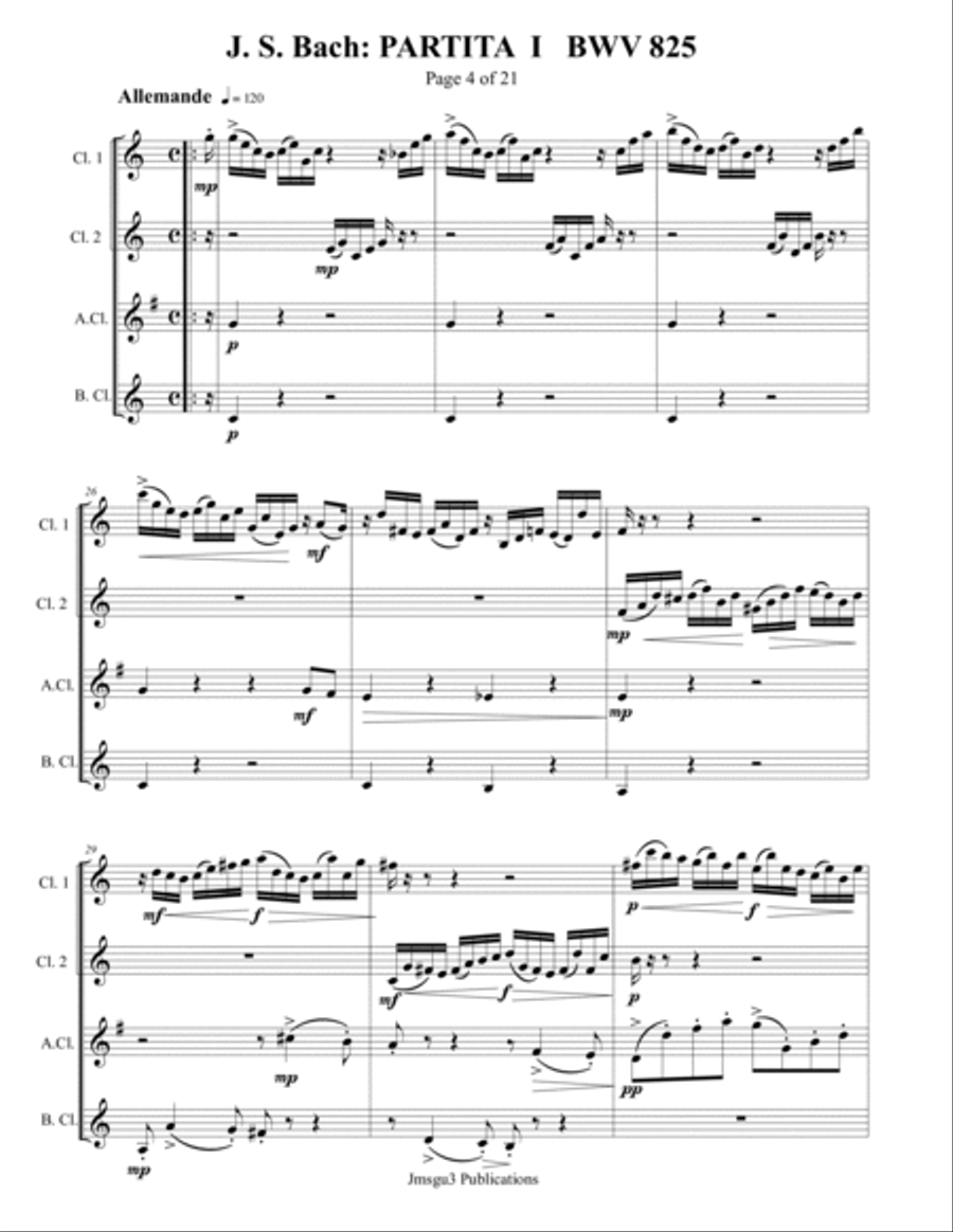 Bach: Partita No. 1 BWV 825 for Clarinet Quartet Clarinet Quartet scores gallery preview page 4