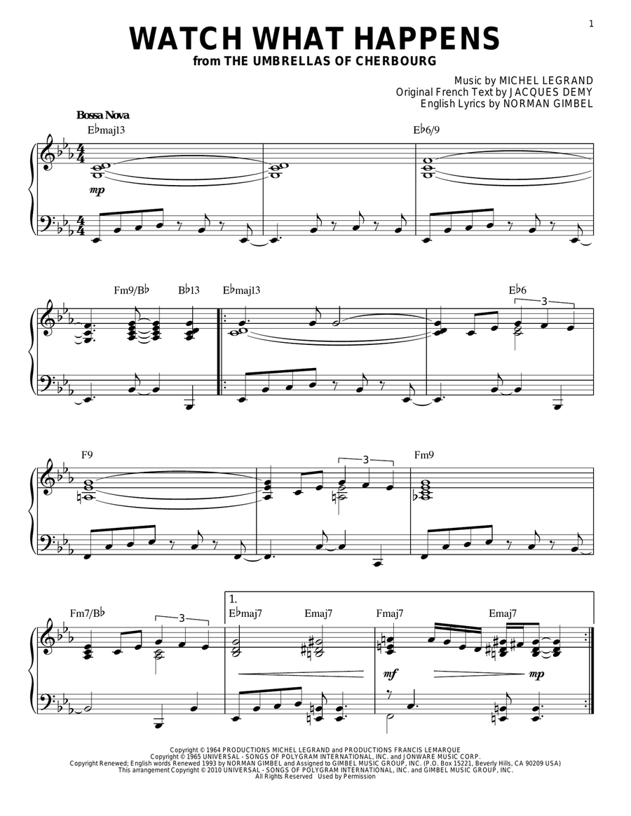 Watch What Happens [Jazz version] (arr. Brent Edstrom) Piano Solo scores gallery preview page 1