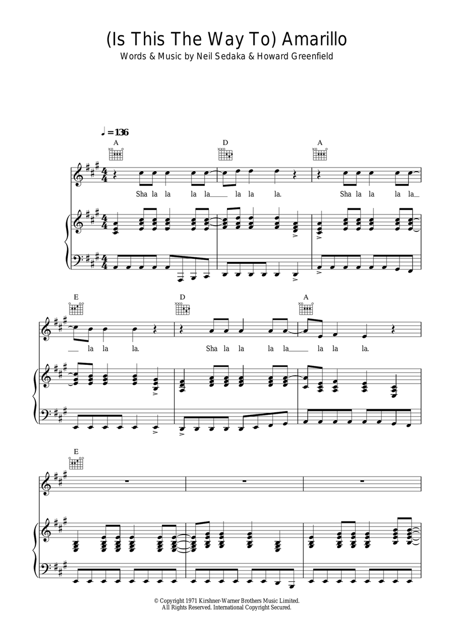 (Is This The Way To) Amarillo (featuring Peter Kay) Piano, Vocal, Guitar scores gallery preview page 1