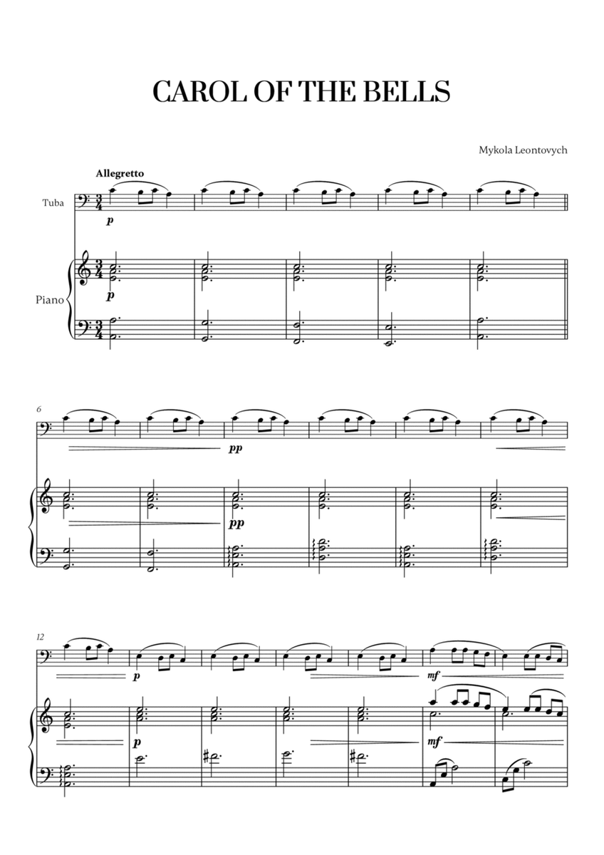 Carol of the Bells (Very Easy/Beginner) - A minor (for Tuba and Piano) image number null
