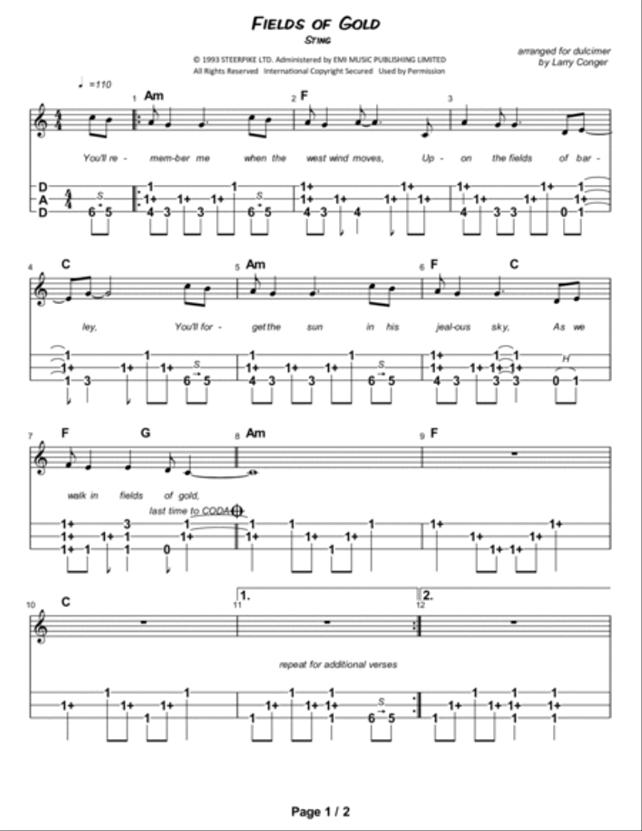 Fields Of Gold Dulcimer scores gallery preview page 2