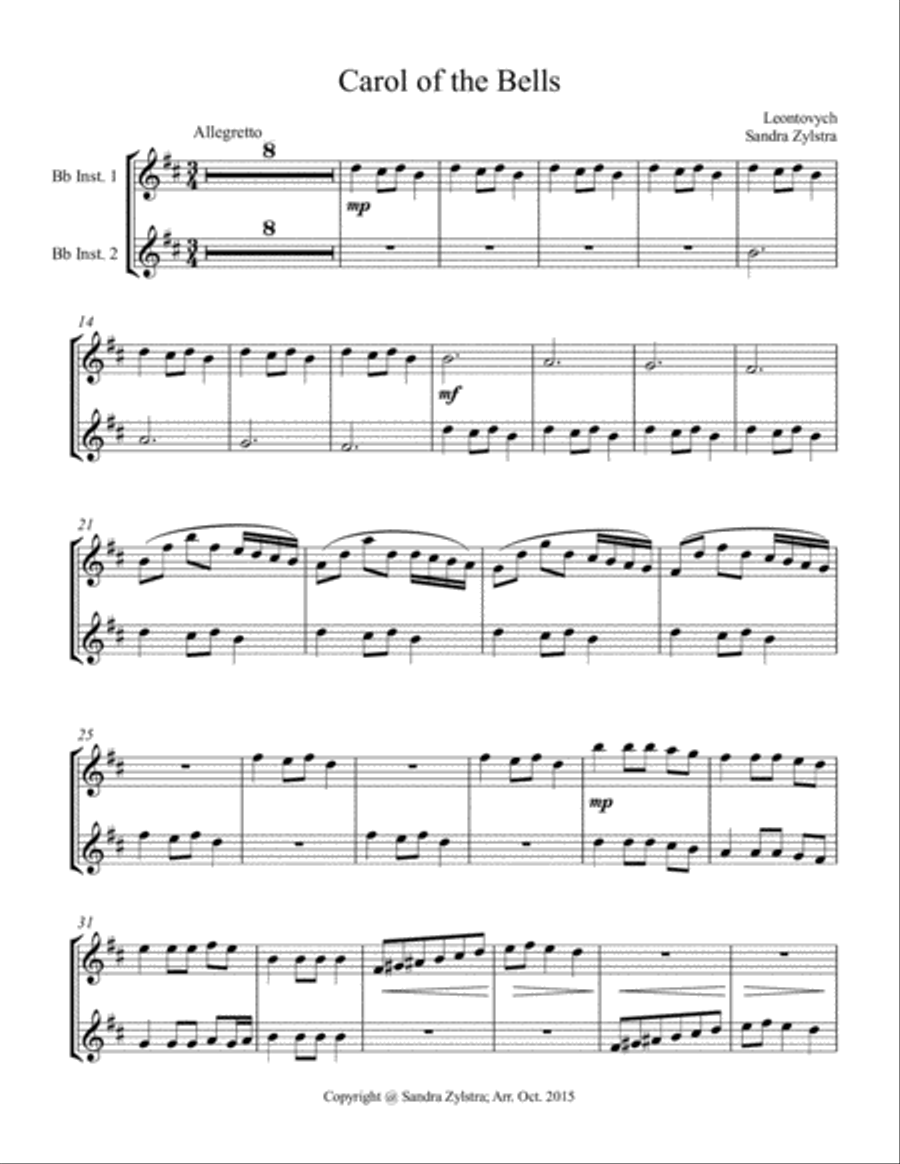 Carol of the Bells (treble Bb instrument duet, parts only) Piano scores gallery preview page 1