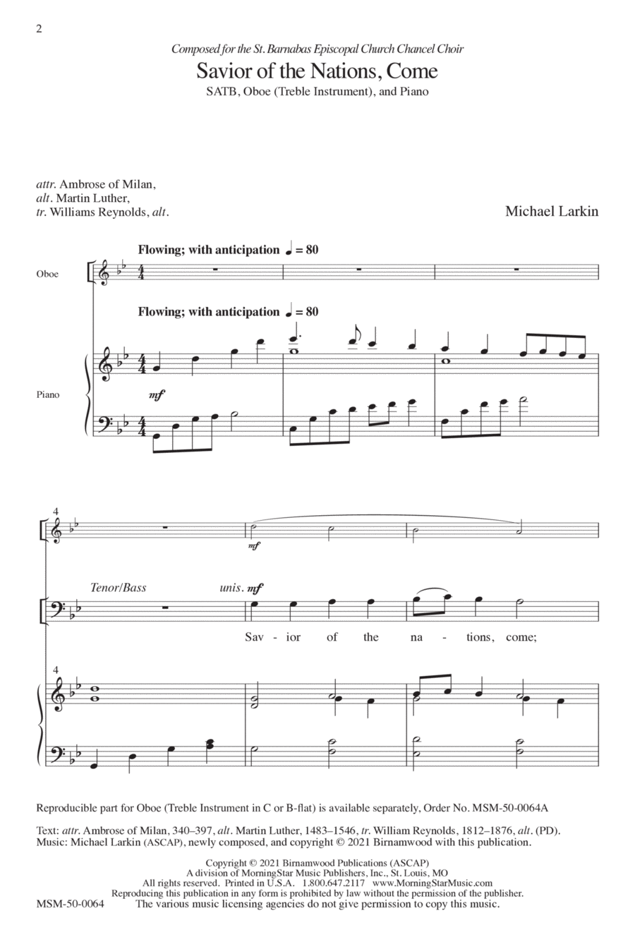Savior of the Nations, Come 4-Part scores gallery preview page 1
