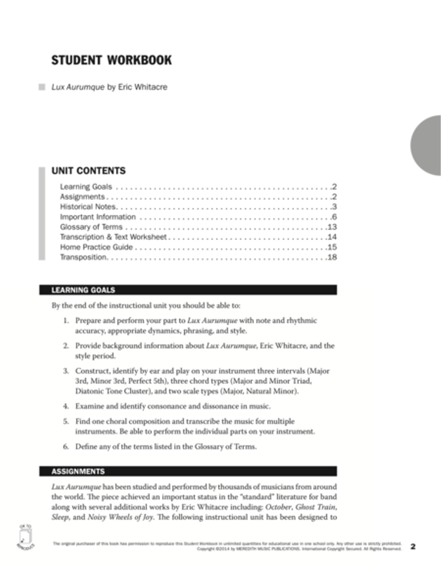 Guides to Band Masterworks, Vol. 4 - Student Workbook - Lux Aurumque Activity Books scores gallery preview page 2