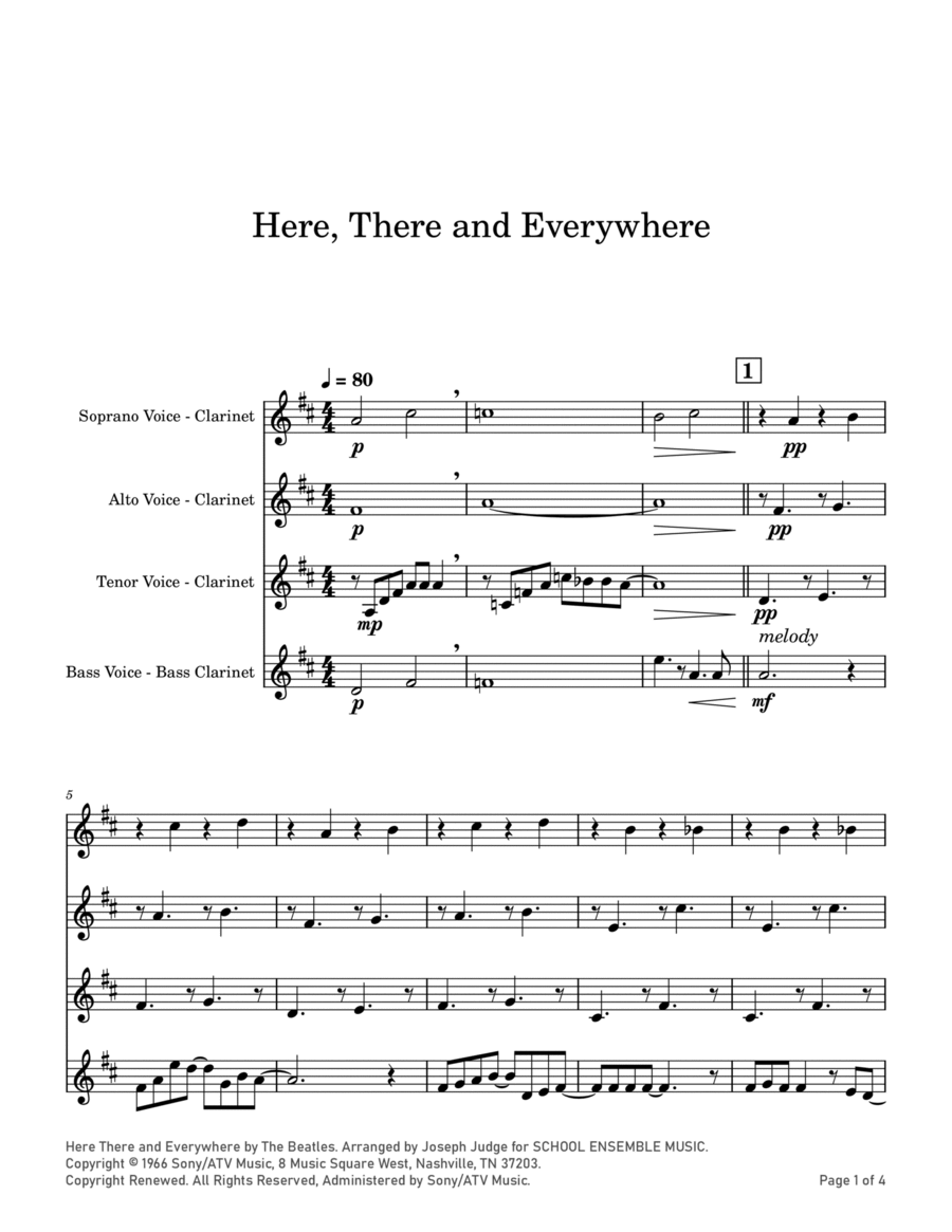 Here, There And Everywhere Clarinet Quartet scores gallery preview page 1