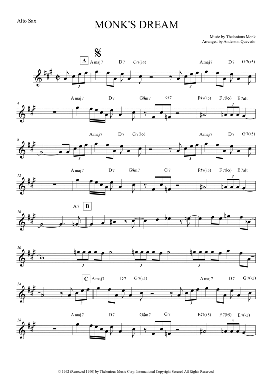 Monk's Dream Alto Saxophone scores gallery preview page 1