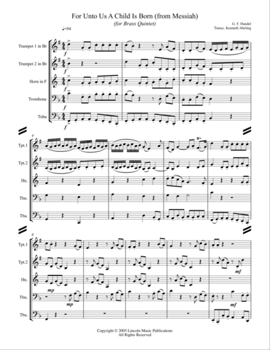 Handel - For Unto Us a Child is Born from Messiah (for Brass Quintet) Brass Quintet scores gallery preview page 2
