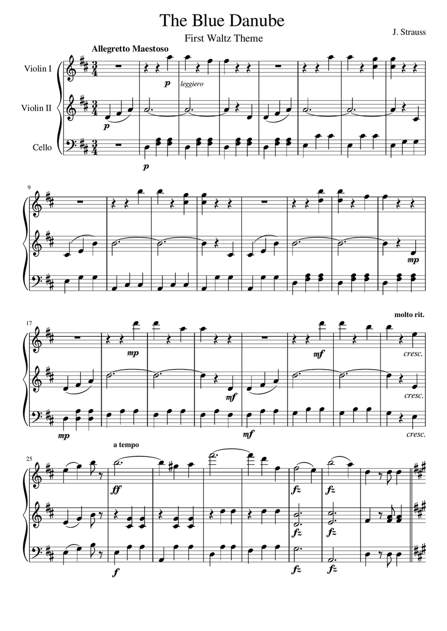 Theme from the Blue Danube Waltz (two violins and cello) String Trio scores gallery preview page 2