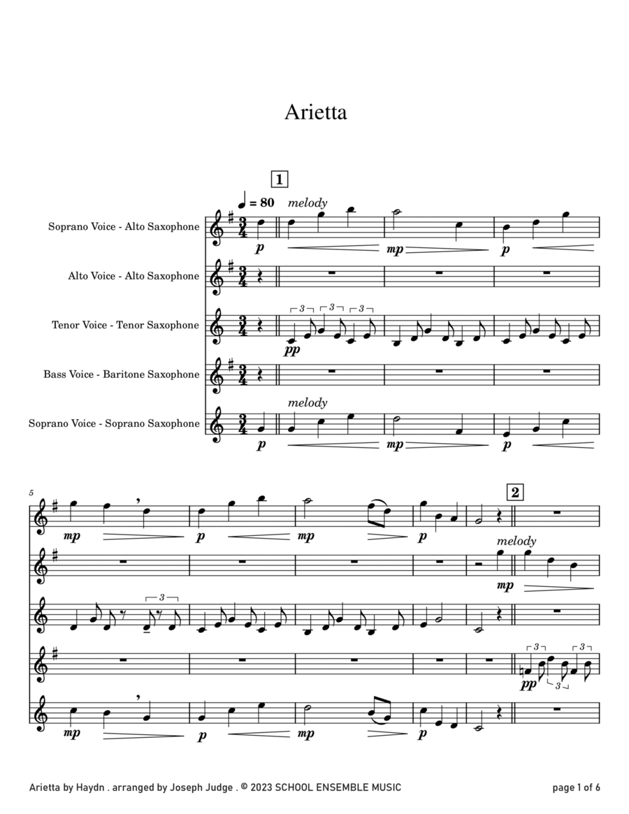 Arietta by Haydn for Saxophone Quartet in Schools Saxophone Quartet scores gallery preview page 1