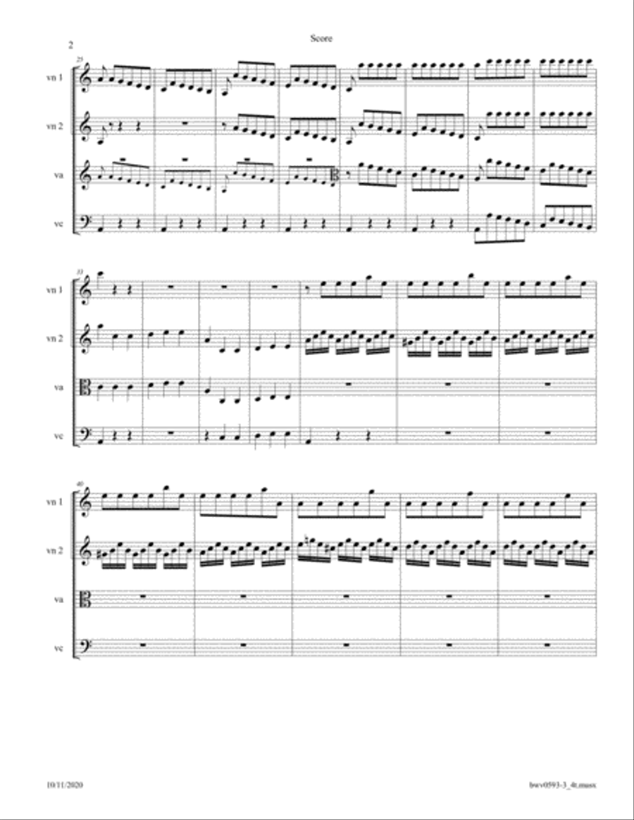 Bach: Concerto in A minor BWV 593-3 after Vivaldi, Mvt 3 arr. for StringQuatetrte String Quartet scores gallery preview page 2