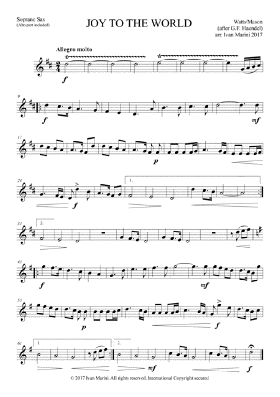 JOY TO THE WORLD - for Saxophone Quartet (opt. Tubular Bells) Saxophone Quartet scores gallery preview page 3