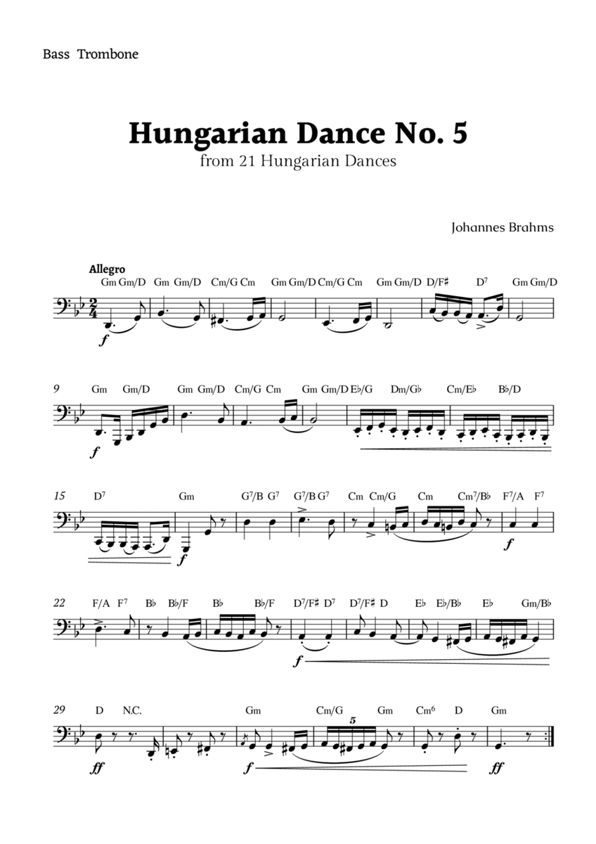 Hungarian Dance No. 5 by Brahms for Bass Trombone Solo image number null