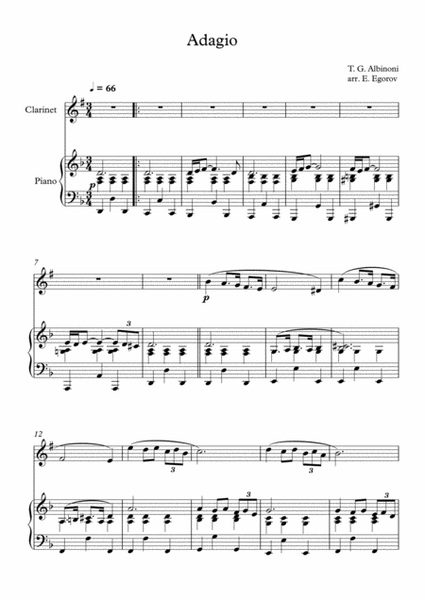 Adagio (In G Minor), Tomaso Giovanni Albinoni, For Clarinet & Piano image number null