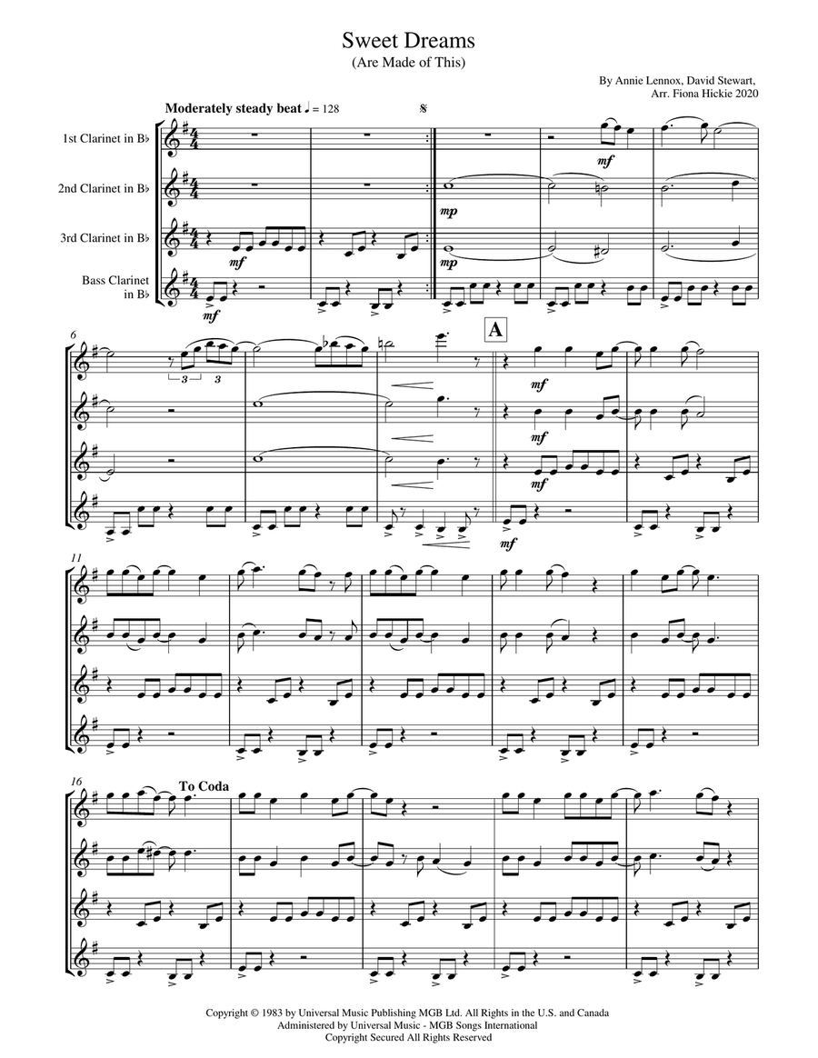 Sweet Dreams (are Made Of This) Clarinet Quartet scores gallery preview page 1