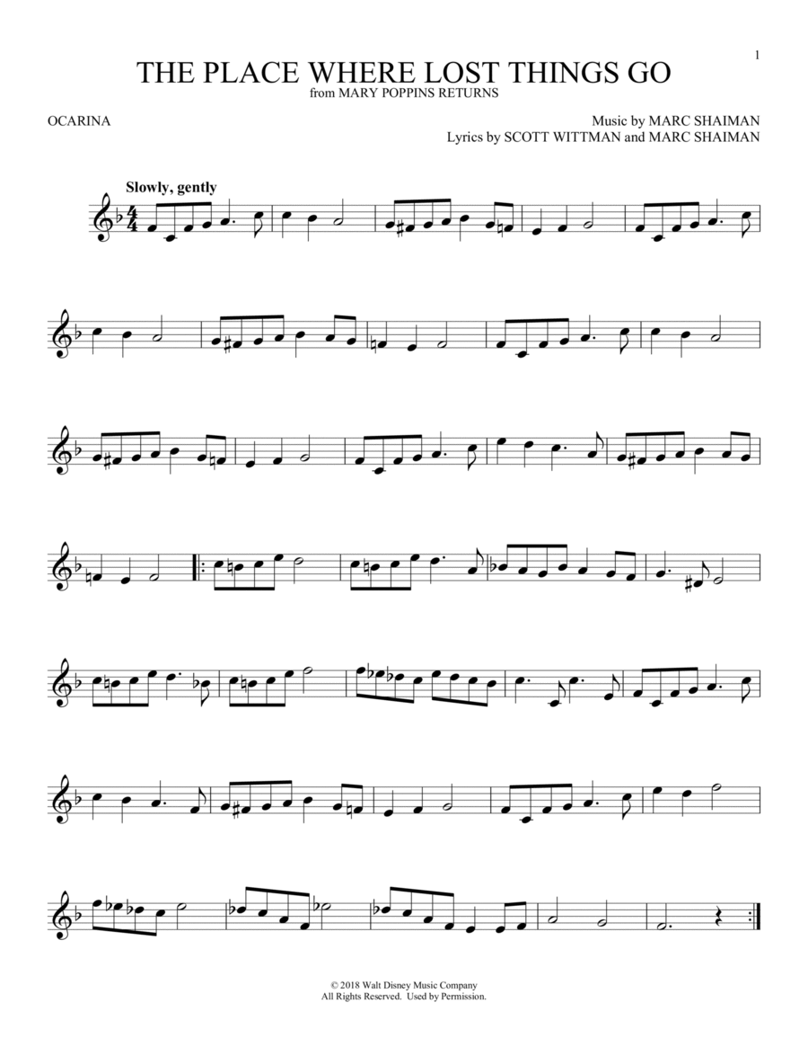 The Place Where Lost Things Go (from Mary Poppins Returns) ocarina scores gallery preview page 1