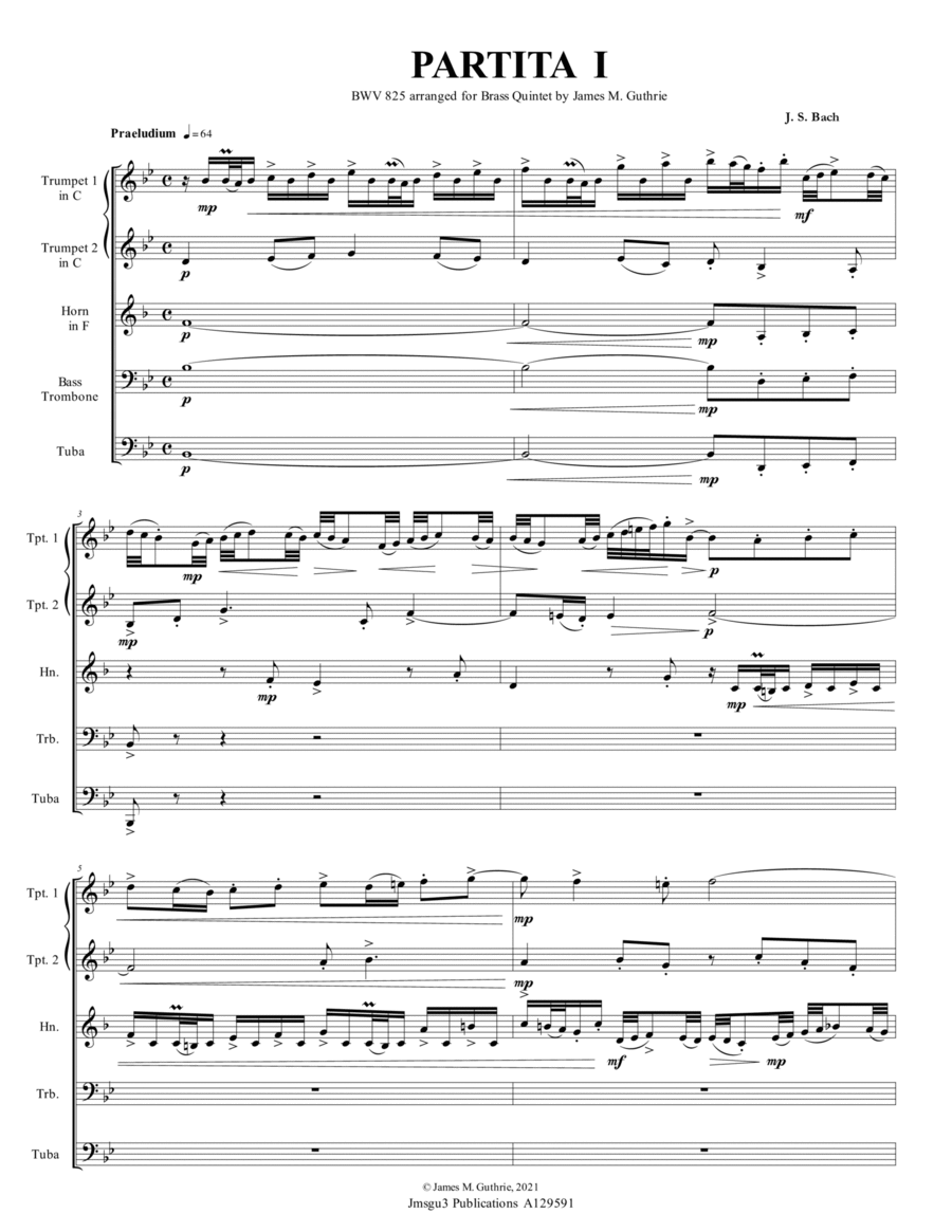 BACH: Six Partitas Complete BWV 825-830 for Brass Quintet Brass Quintet scores gallery preview page 1