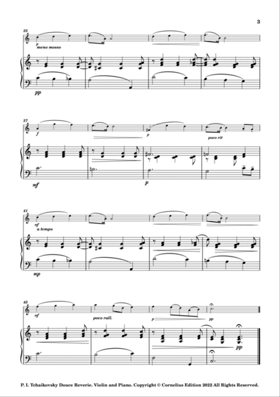Tchaikovsky Opus 39 No. 21 Album for the Young. Douce Reverie (Sweet Dreams) Violin and Piano Violin Solo scores gallery preview page 3