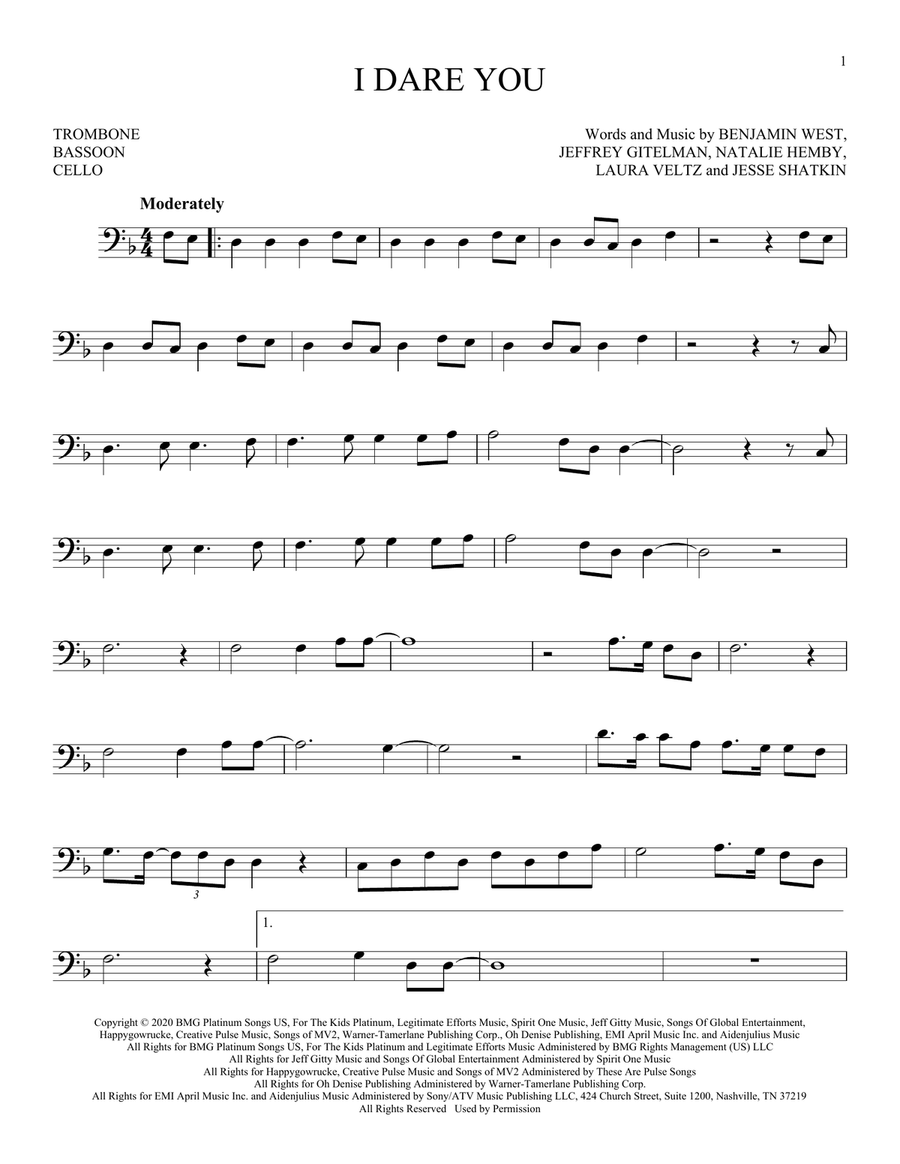 I Dare You Bass Clef Instrument scores gallery preview page 1