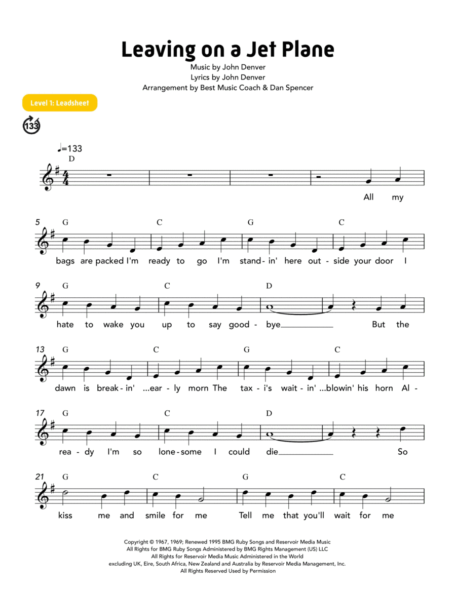 Leaving On A Jet Plane Easy Piano scores gallery preview page 1