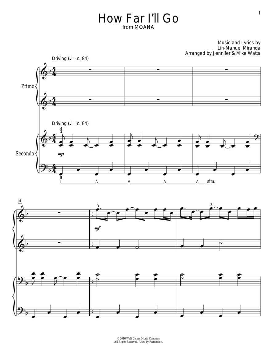 How Far I'll Go (from Moana) (arr. Jennifer and Mike Watts) 1 Piano, 4-Hands scores gallery preview page 1