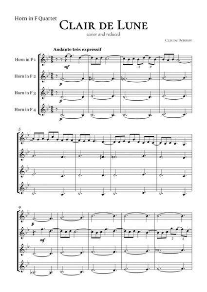 Clair de Lune Debussy Horn in F Quartet by Claude Debussy French Horn Quartet - Digital Sheet Music