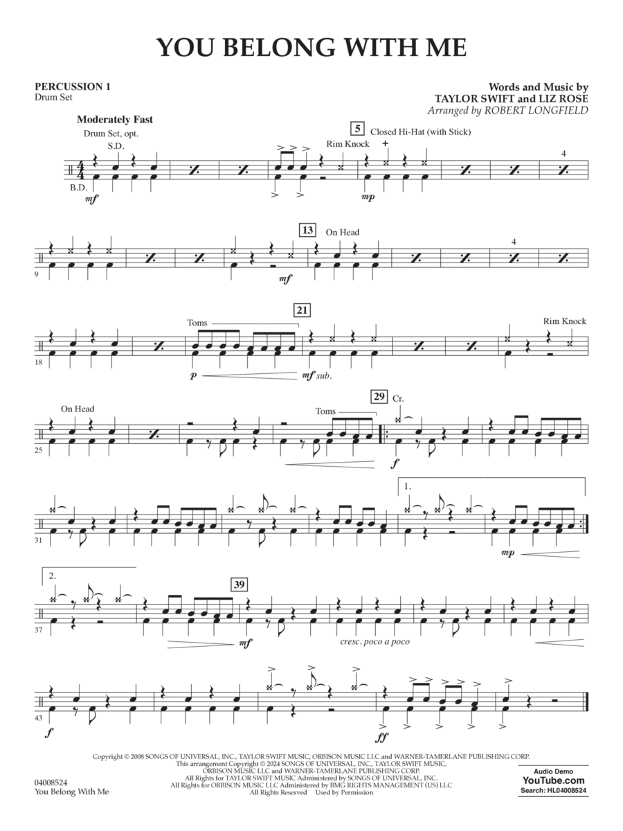 You Belong With Me (arr. Robert Longfield) - Percussion 1