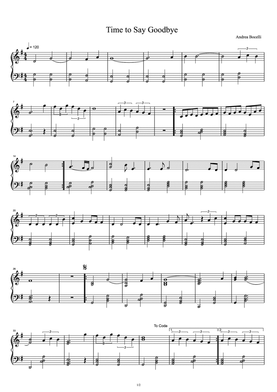 Time To Say Goodbye Piano Solo scores gallery preview page 1