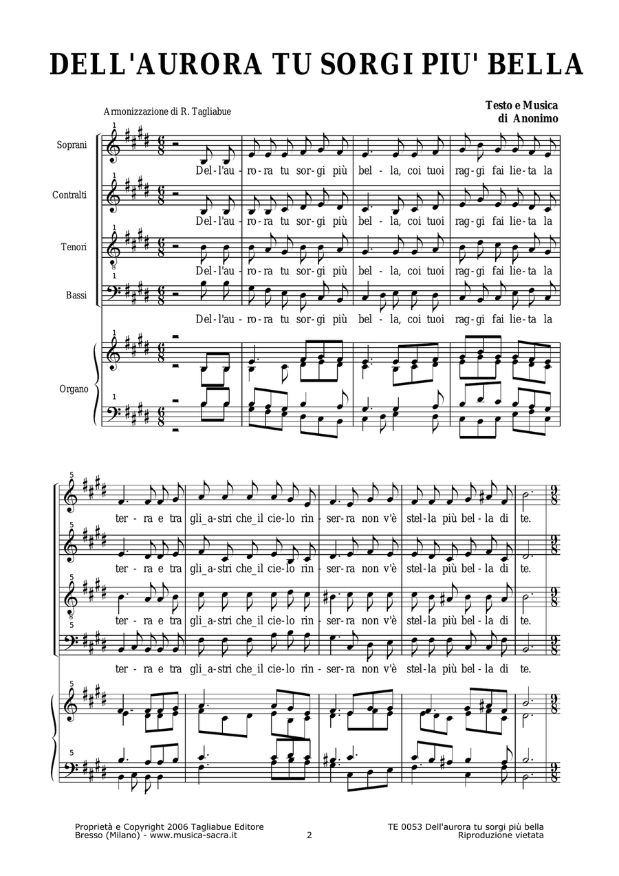DELL'AURORA TU SORGI PIU' BELLA - Arr. for SATB Choir and Organ 4-Part scores gallery preview page 2