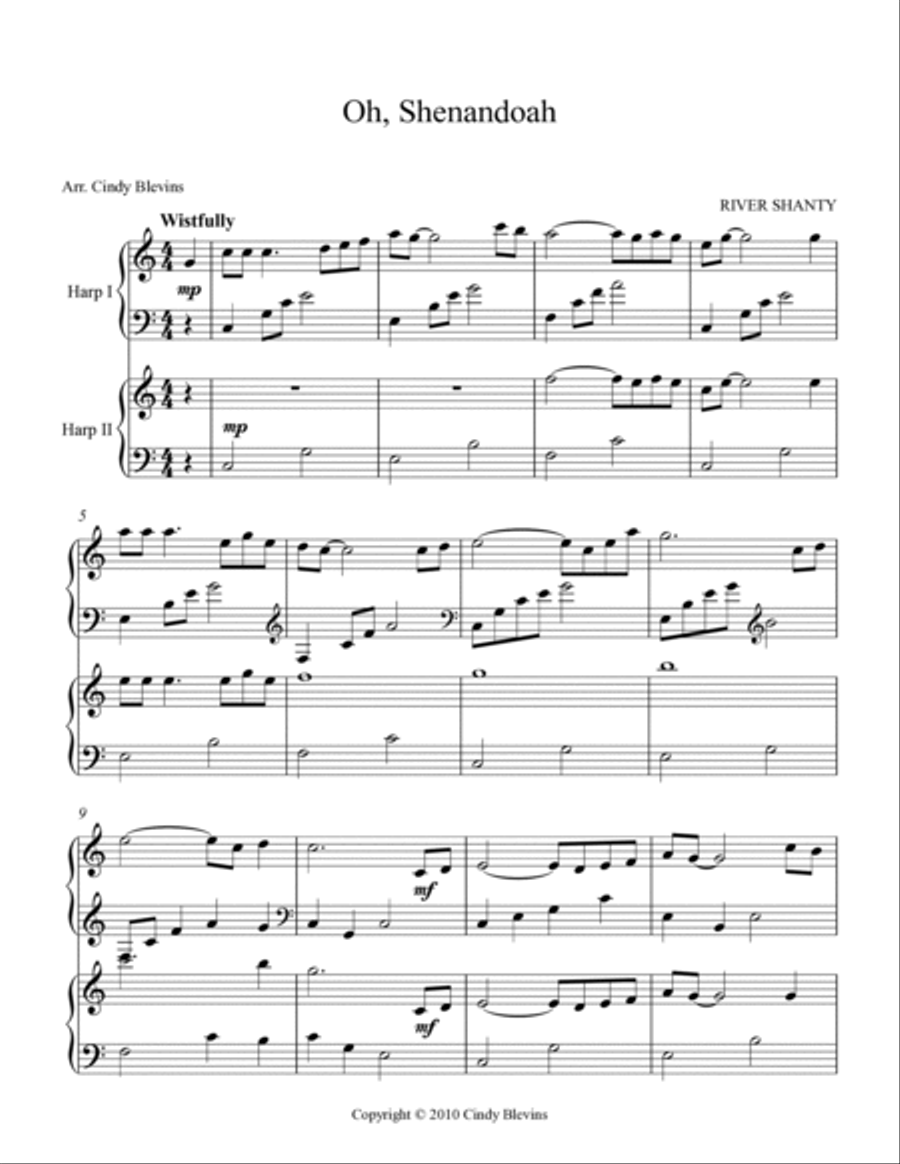 Oh, Shenandoah, for Harp Duet Harp scores gallery preview page 2