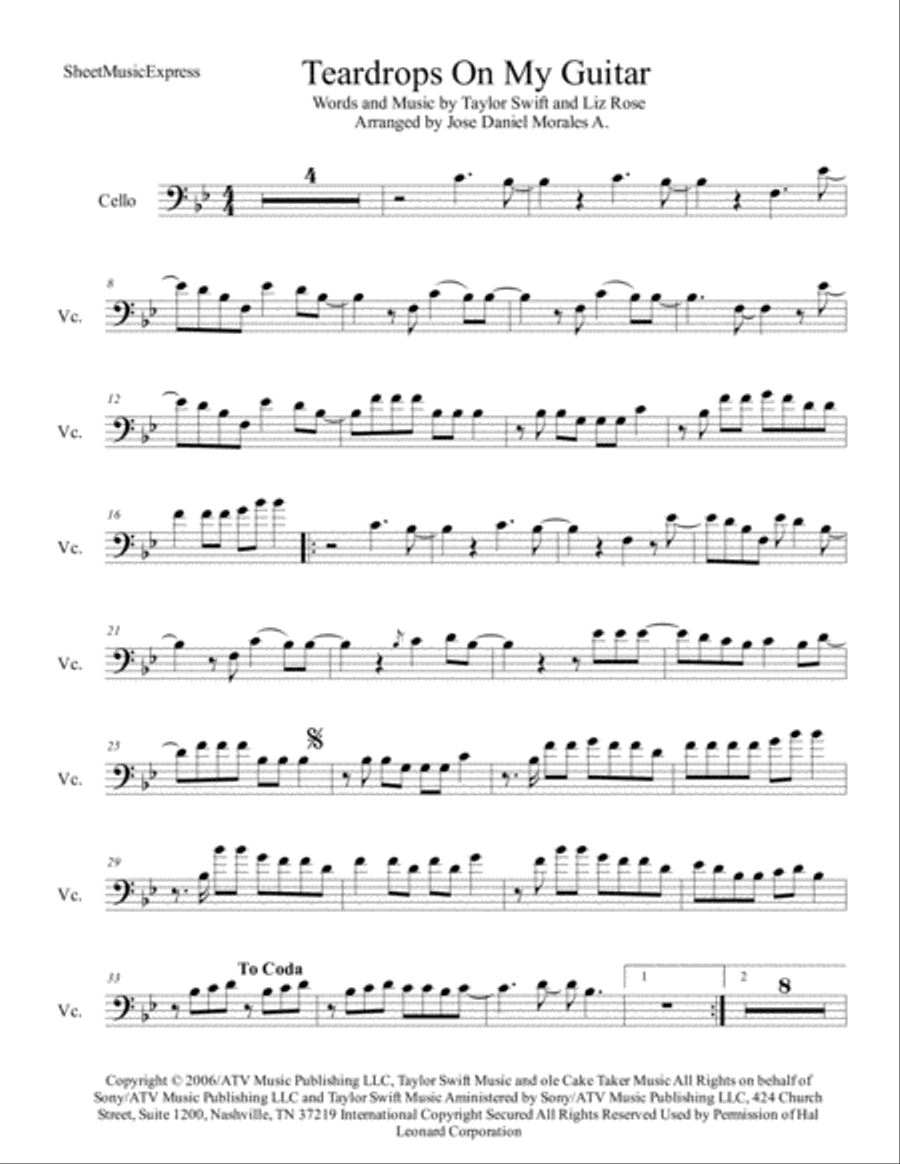Teardrops On My Guitar Cello Solo scores gallery preview page 1