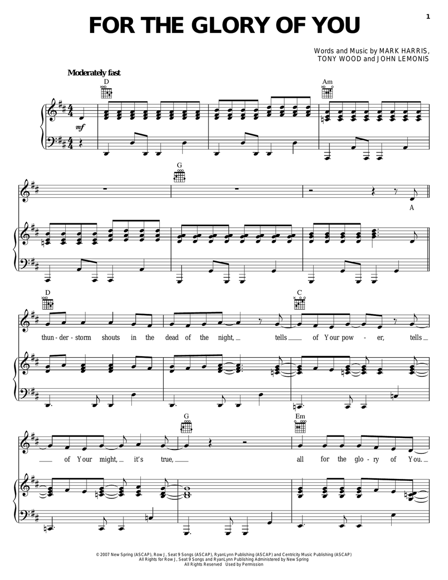 For The Glory Of You Piano, Vocal, Guitar scores gallery preview page 1