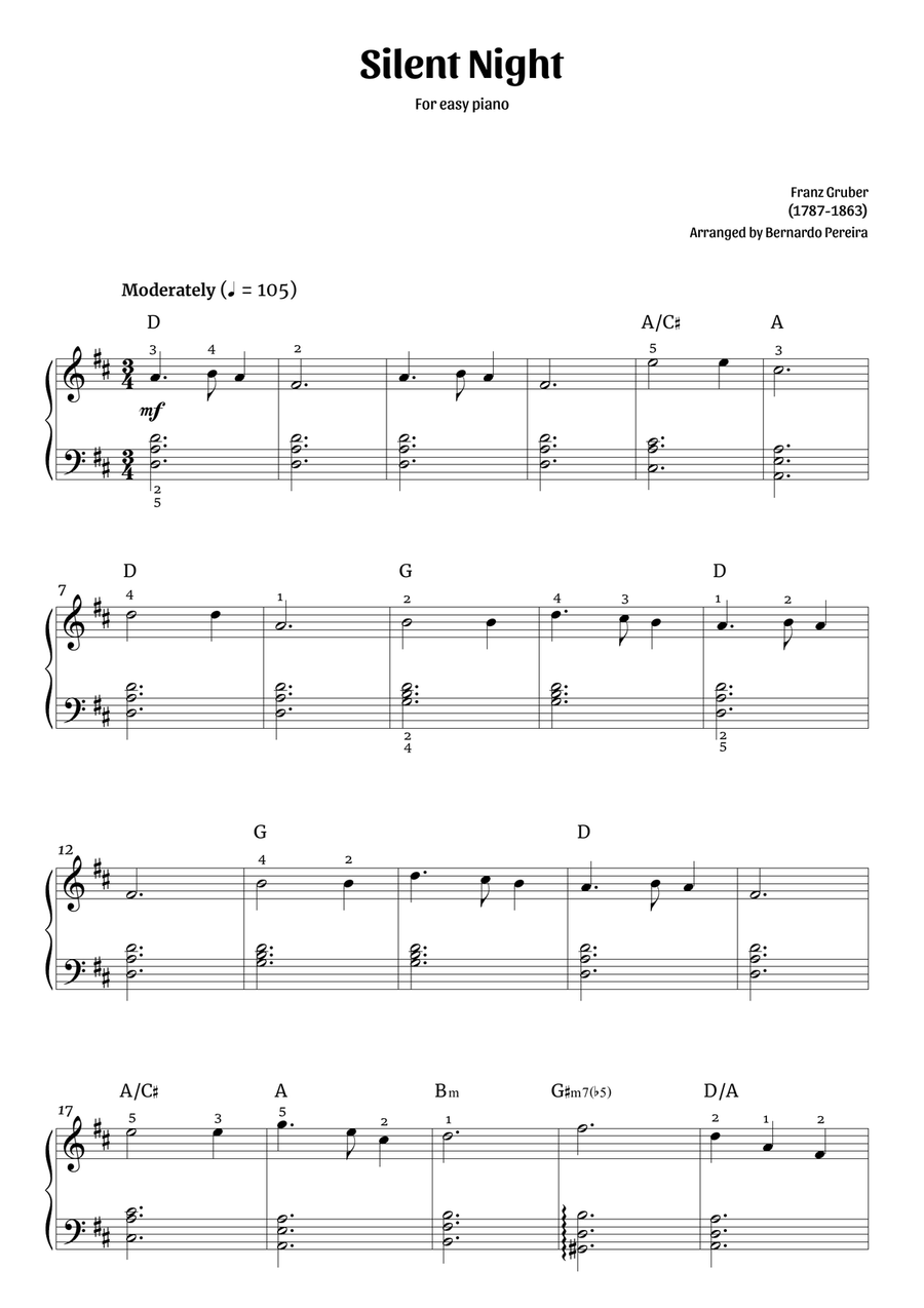Silent Night (easy piano in D major - with chords) Easy Piano scores gallery preview page 1