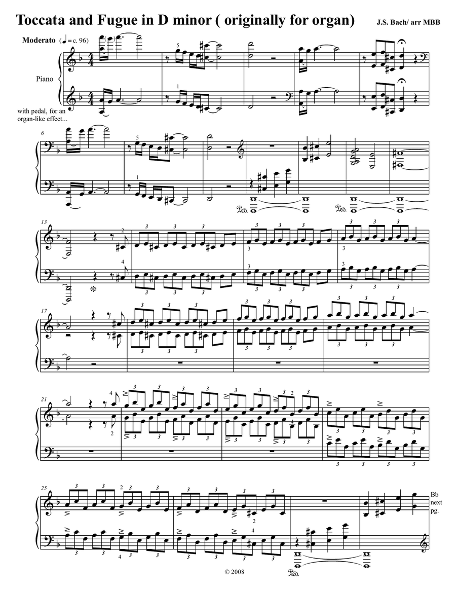 Toccata and Fugue in D minor for Piano Solo, from Bach's organ score image number null