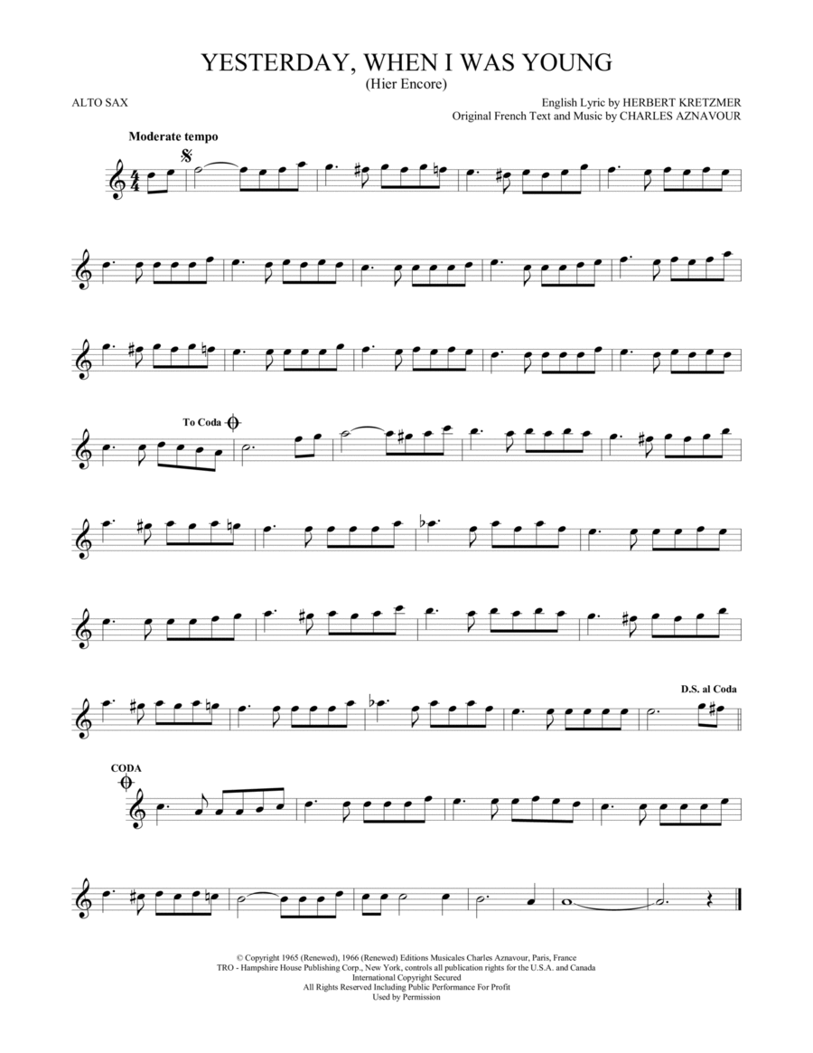 Yesterday, When I Was Young (Hier Encore) Alto Saxophone scores gallery preview page 1