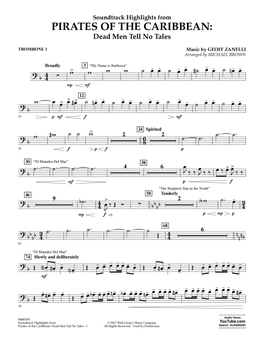 Pirates of the Caribbean: Dead Men Tell No Tales - Trombone 1 Trombone scores gallery preview page 1