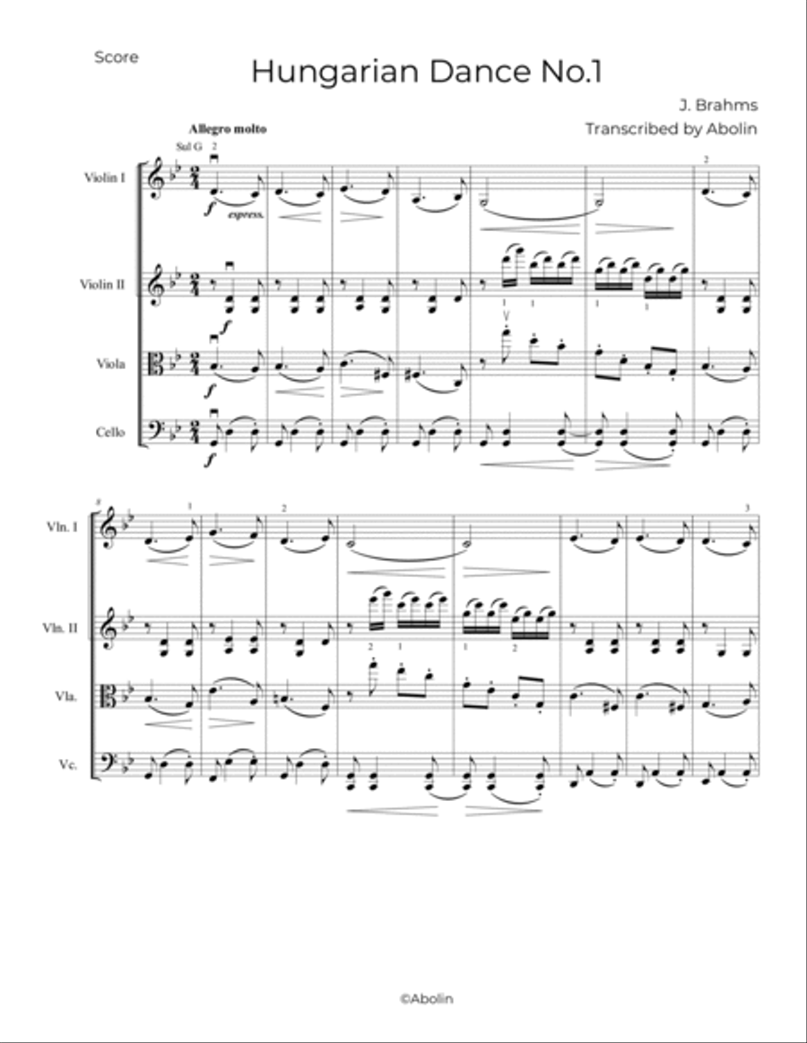 Brahms: Hungarian Dance No.1 - String Quartet String Quartet scores gallery preview page 2