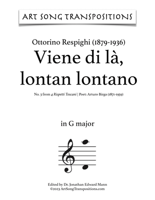 Book cover for RESPIGHI: Viene di là, lontan lontano (transposed to G major)