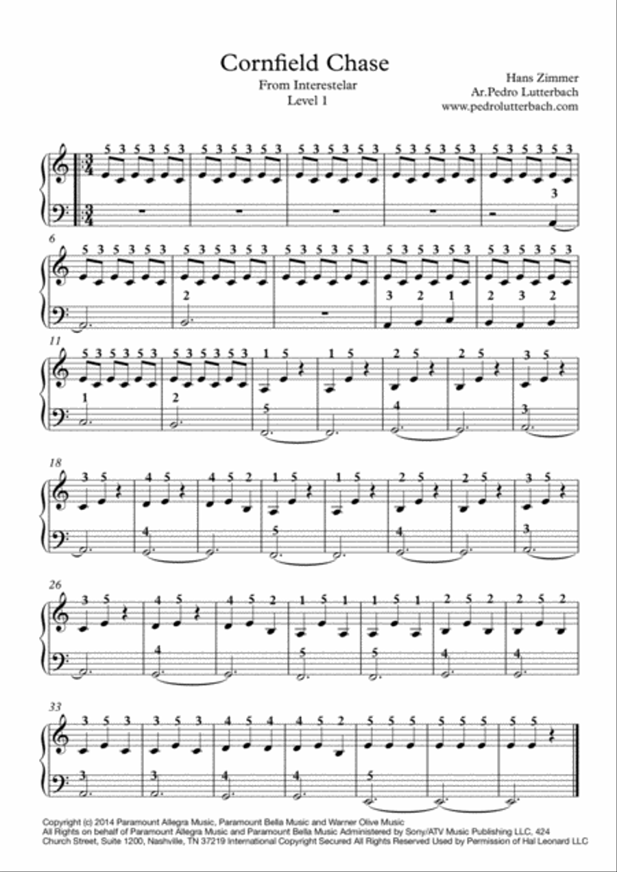 Cornfield Chase from the Paramount Pictures film INTERSTELLAR Easy Piano scores gallery preview page 1