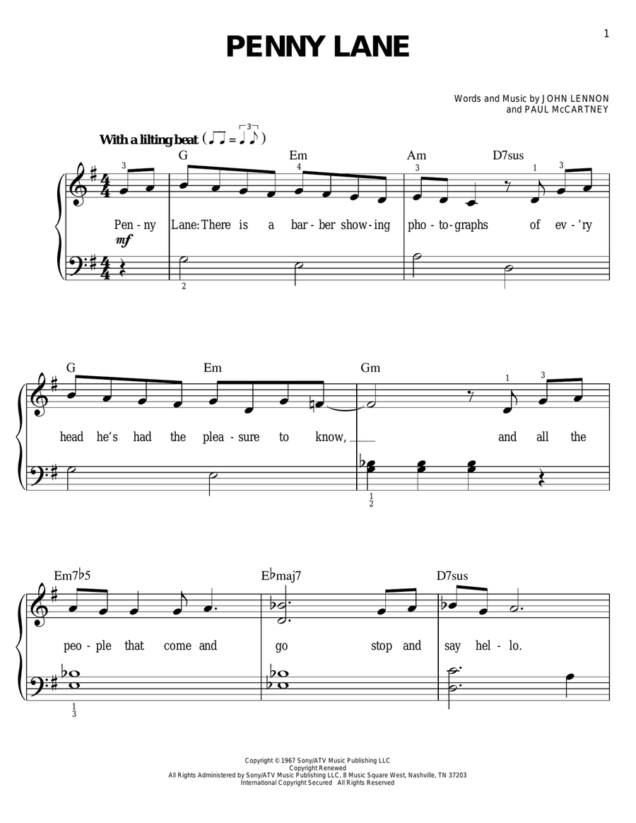 Penny Lane Penny Lane Easy Piano scores gallery preview page 1