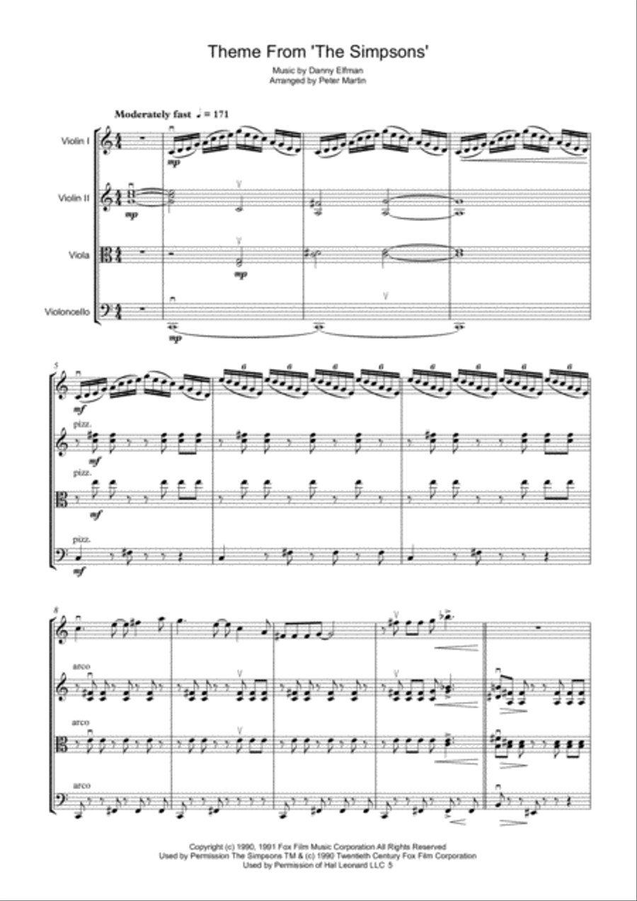 Theme From The Simpsons TM from the Twentieth Century Fox Television Series THE SIMPSONS String Quartet scores gallery preview page 5
