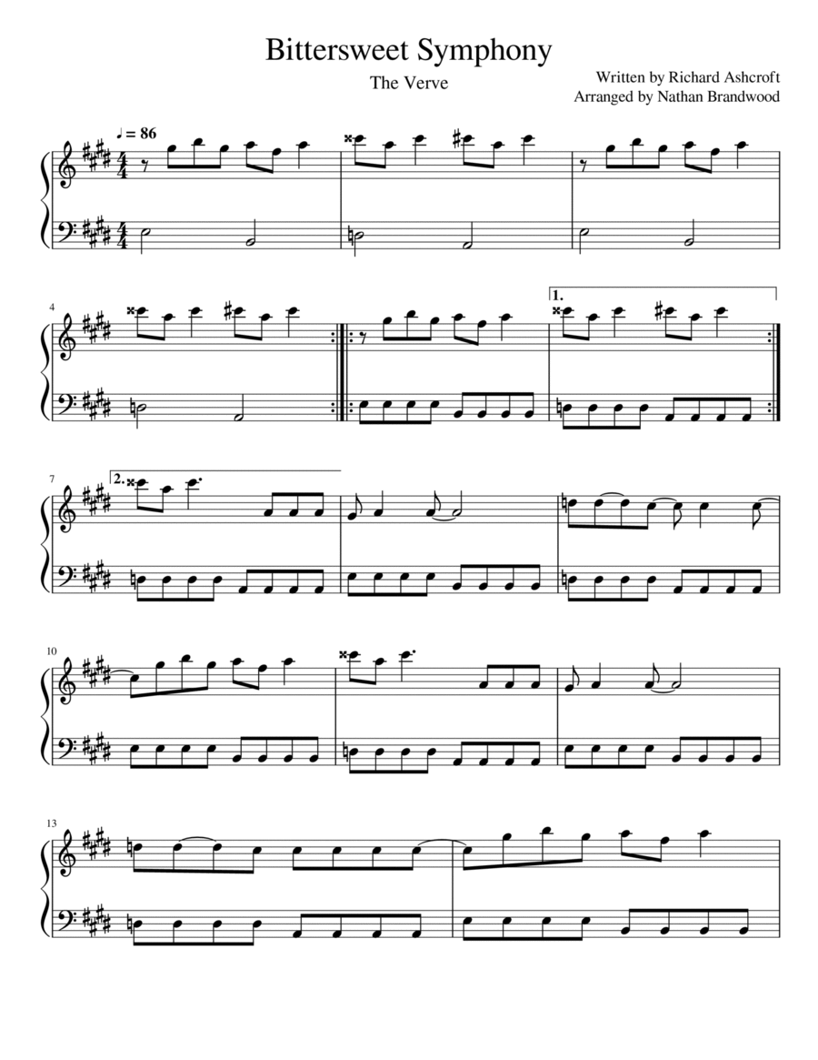 Bittersweet Symphony Piano Solo scores gallery preview page 1