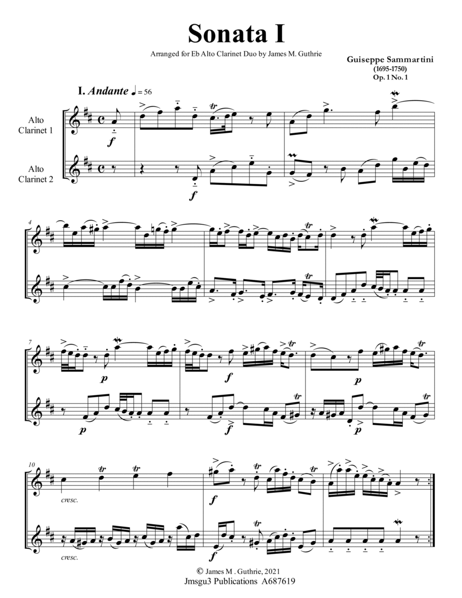 Sammartini: Sonata Op. 1 No. 1 for Alto Clarinet Duo image number null