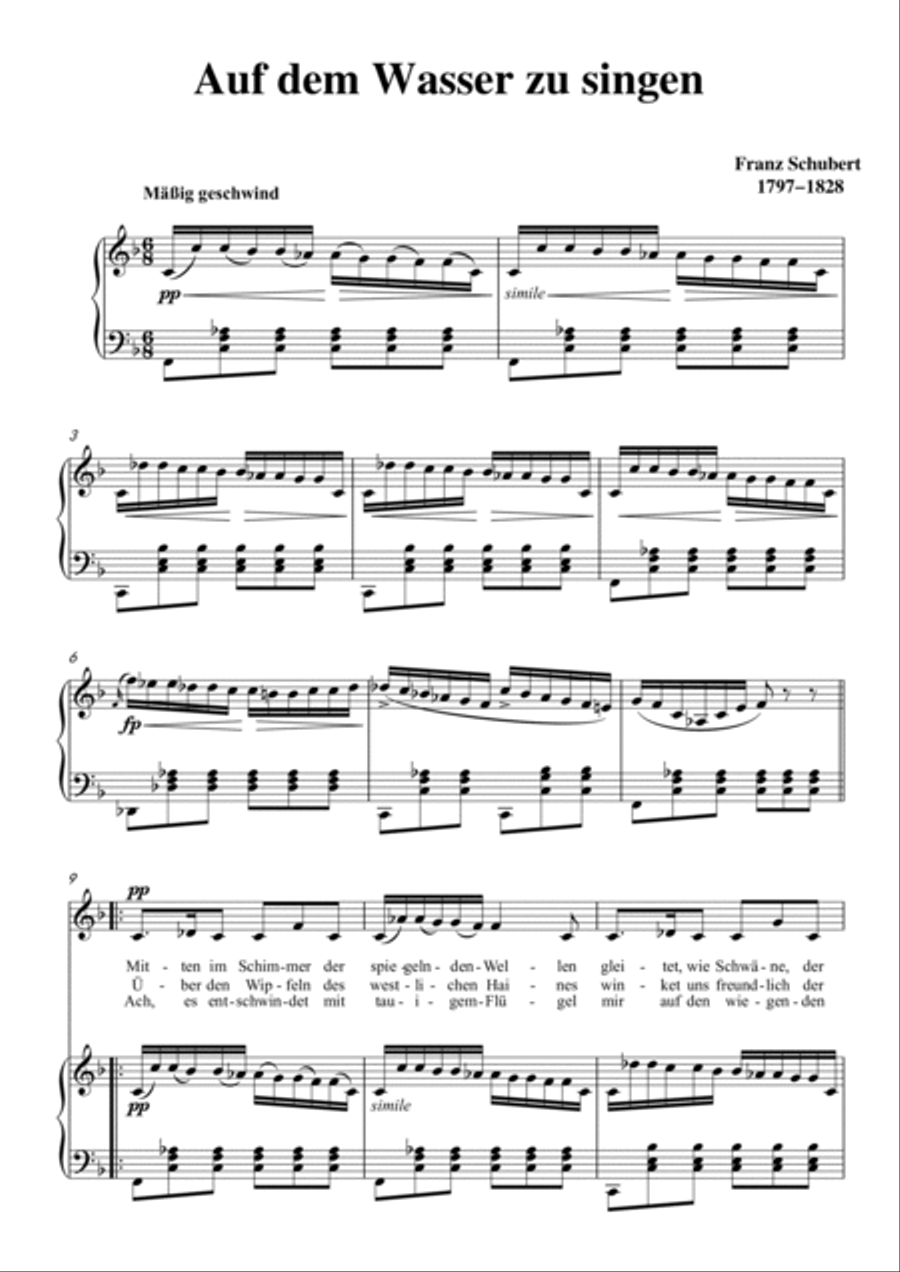 Schubert-Auf dem Wasser zu singen inF for Vocal and Piano Voice scores gallery preview page 2