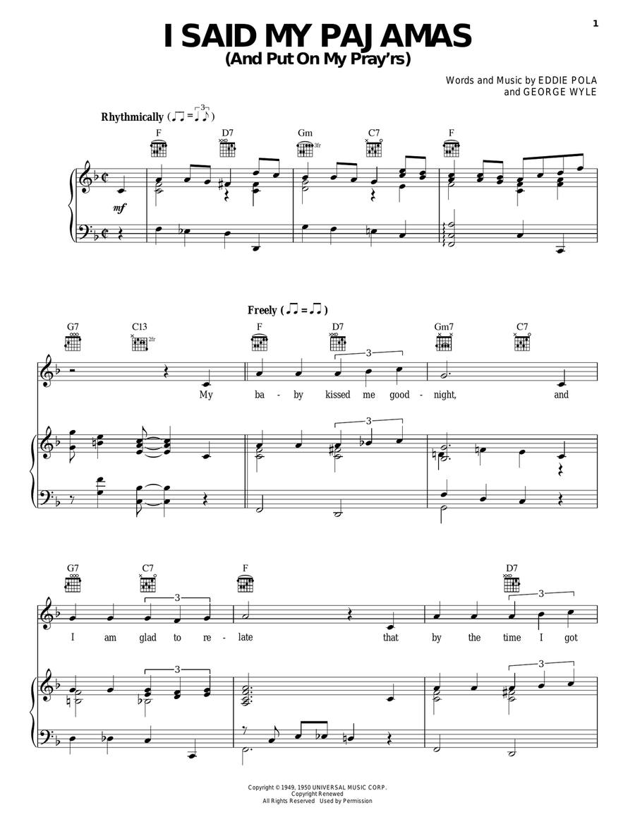 I Said My Pajamas (And Put On My Pray'rs) Piano, Vocal, Guitar scores gallery preview page 1
