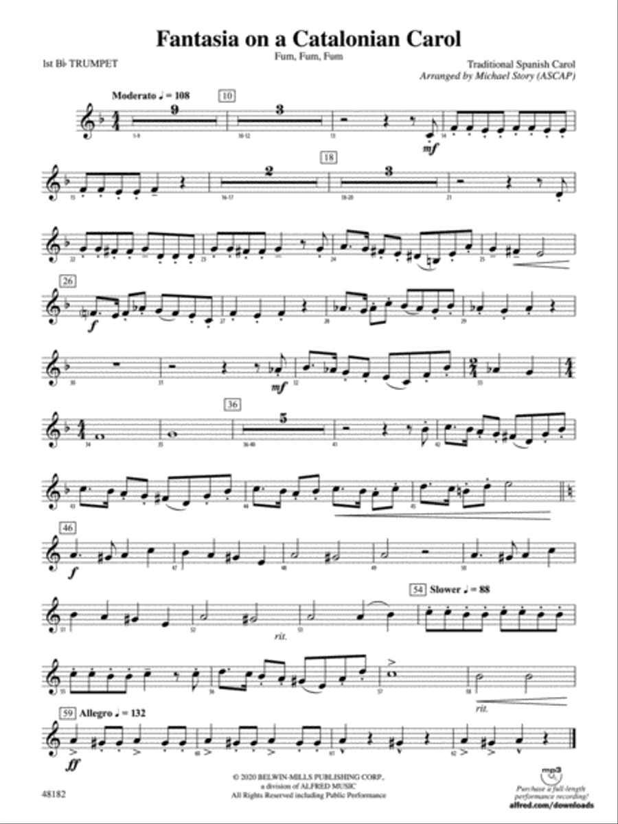 Fantasia on a Catalonian Carol: 1st B-flat Trumpet Concert Band scores gallery preview page 1